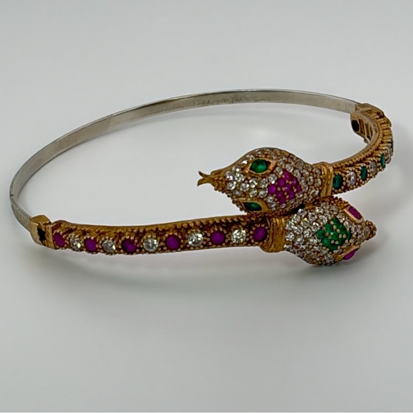 Exotic Delegate Sterling Silver Ruby Emerald Crystal Hinged Bracelet Vintage - Picture 5 of 8